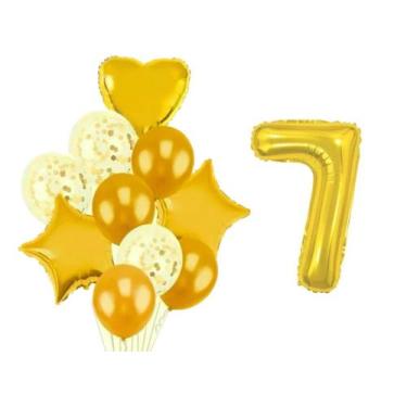 Imagem de Buque 10 Balões Coração Estrela -1 Número Metalizado Dourado - Partiuf