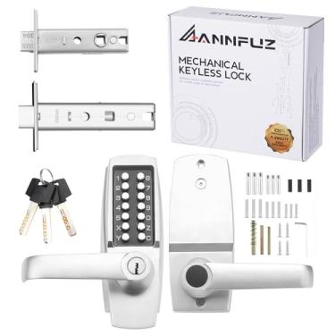Imagem de ANNFUZ Fechadura de maçaneta de porta de entrada de teclado mecânico com chave, código de botão de pressão automático, combinação de lado único e alavanca de retenção interna, para portão frontal