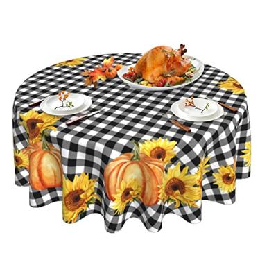 Imagem de Toalha de mesa de ação de graças xadrez outono toalha de mesa xadrez preta e branca redonda 152 cm, outono abóbora girassol toalha de mesa casa de fazenda impermeável tecido capa de mesa para acampamento ao ar livre festa de férias