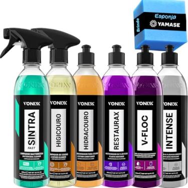 Imagem de Kit Lavagem e Revitalização Limpeza e proteção Plasticos Couro Pintura Automotiva Sintra Restaurax V-Floc Intense Hidracouro Higicouro Vonixx
