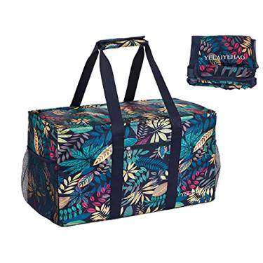 Imagem de Bolsa grande utilitária com tampa, bolsa dobrável para armazenamento na piscina, praia, compras, piquenique, lavanderia e bagagem, Folha azul, 1 pcs