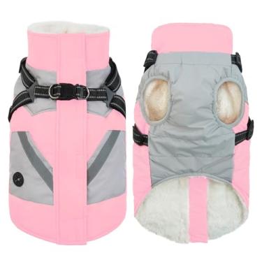 Imagem de IECOii Jaqueta de inverno para cães pequenos, casaco impermeável para cães com arnês embutido, jaqueta de lã refletiva à prova de vento com zíper para cães, roupa de neve térmica quente para cachorro
