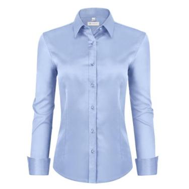 Imagem de Camisa social feminina siliteelon, ajuste clássico, manga comprida, az