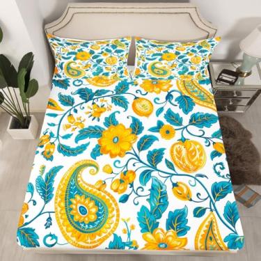Imagem de Jogo de lençol com elástico amarelo azul-petróleo paisley, estilo indiano, boêmio, retrô, floral, para crianças, adolescentes e adultos, capa de cama vintage com flores silvestres com 1 fronha (sem