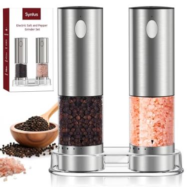 Imagem de Syntus Conjunto de moedor elétrico de sal e pimenta USB-C recarregável, saleiro e pimenteiro automático de aço inoxidável com 6 espessuras ajustáveis, velocidade de moagem alta/baixa, 95 ml, grande