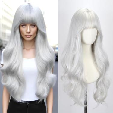 Imagem de STYLER Peruca prateada com franja para mulheres - Perucas prateadas onduladas de 66 cm de comprimento, cabelo sintético resistente ao calor, perucas de aparência natural para uso diário, Halloween