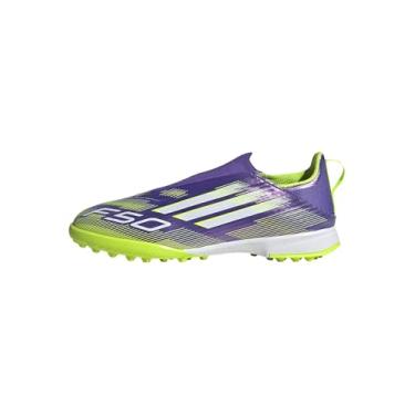 Imagem de adidas Tênis infantil unissex F50 League Laceless Turf, Roxo/branco/limão lúcido, 11 Little Kid