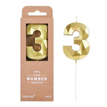 Imagem de PHD CAKE Velas de aniversário de 3 números de ouro cristal de 7,76 cm, velas com números dourados, velas com número de bolo, celebração de festa