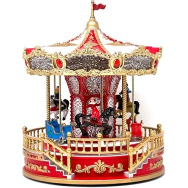 Imagem de yadooom Caixa de música de carrossel de Natal, gira Merry Go Round com luzes para exibição de vila de Natal, decoração musical para decorações de mesa de casa de férias