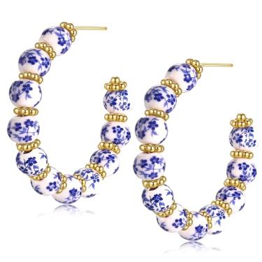 Imagem de BVGA Brinco de argola de porcelana para mulheres, brincos de cerâmica azul e branco, brincos florais com contas coquete, acessórios de joias vintage, presentes, one size, Metal, Sem pedra preciosa