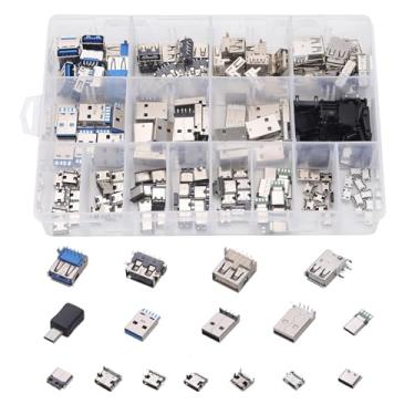 Imagem de Teansic Kit sortido de conectores de 180 peças – 16 modelos (Micro USB, USB 2.0 fêmea, USB 3.0 macho, tipo A, tipo C, mini placa de lavatório) – Kit de plugue de soquete para eletrônicos, faça você