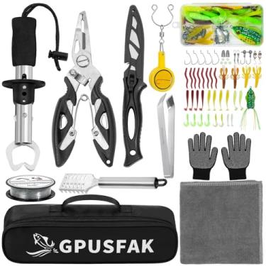 Imagem de GPUSFAK Kit de ferramentas de pesca, 10 peças de equipamentos de pesca, alicates, gancho para mosca de gelo, nó, prendedor de lábios, pinça, faca de filete, luvas antiderrapantes, iscas, acessórios
