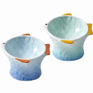 Imagem de Tigelas de comida de cerâmica inclinadas elevadas para gatos, prato de gato inclinado e inclinado para gatos em formato de peixe fofo, alimentador de animais de estimação personalizado para guloseimas