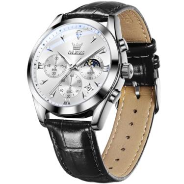 Imagem de OLEVS Relógios masculinos com pulseira de couro, relógio analógico de quartzo, moderno, mostrador grande, data, relógio à prova d'água, vestido luxuoso, luminoso, masculino, Preto, branco, round
