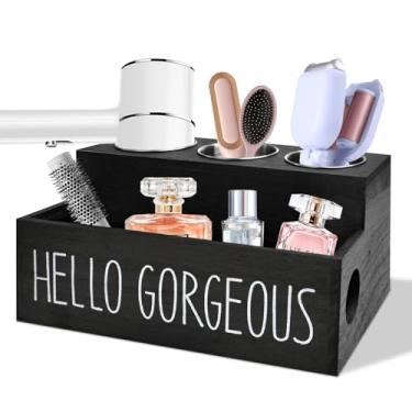 Imagem de Organizador de ferramentas de cabelo de madeira, suporte de secador de cabelo com 3 copos de aço para chapinhas, modeladores, secador de cabelo, organizador de ferramentas quentes para acessórios de