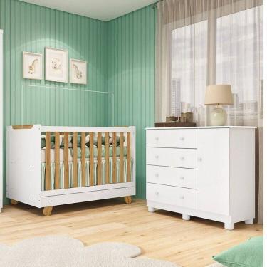 Imagem de Quarto de Bebê com Cômoda 1 Porta e Berço 4 em 1 Minicama 100% MDF Mike Espresso Móveis Branco Brilho/Amêndoa