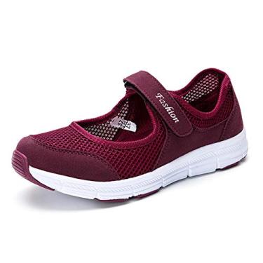 Imagem de Bigfanshu Tênis feminino raso de malha ultra leve casual Mary Janes confortável caminhada tênis plus size, Vermelho, 8 X-Wide