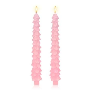 Imagem de Castiçais cônicos de 25 cm para árvore de Natal, conjunto feito à mão, com 2 velas afuniladas sem perfume para decoração de casamento e Natal (rosa)