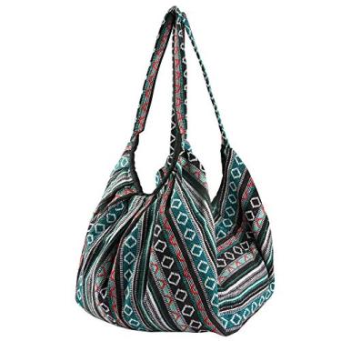 Imagem de Bolsa de ombro grande feminina casual confortável mercado mercearia livros escolares bolsa de viagem todos os dias, Azul geométrico, Large XLarge