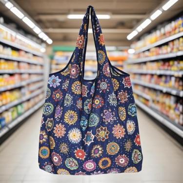 Imagem de Sacos de compras reutilizáveis de poliéster dobrável, estampa geométrica de flores de animais fofos, sacolas de compras reutilizáveis extragrandes de 13,6 kg, resistentes e laváveis na máquina