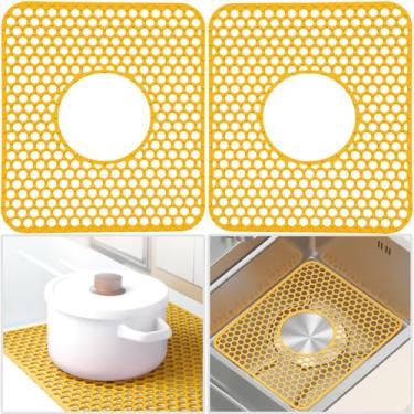 Imagem de HvOvMvE Protetores de pia de silicone para pia de cozinha - Tapete antiderrapante resistente ao calor, para casa de fazenda de aço inoxidável, protege e amortece sua pia (amarelo 2 peças)