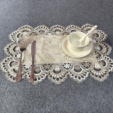 Imagem de Jogo americano de renda conjunto de 2 toalhas de mesa de renda de macramê bordadas florais retangulares tapetes de mesa naturais resistentes ao calor para festa de casamento, férias, vasos, tapete de