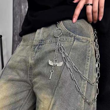 Imagem de Correntes de calça em camadas com pingente de chave de asa de coração para mulheres e homens, cinto de corrente de jeans gótico para hip hop streetwear festival de música acessórios de Halloween