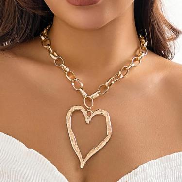 Imagem de Colar feminino grosso com coração grande, corrente grossa ajustável Y2K, gargantilha de amor, pingente de coração exagerado, Adjustable, Liga de aço, Sem Pedra Preciosa