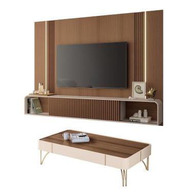 Imagem de Conjunto Home Suspenso Com led E Mesa De Centro Rennes Mdf/mdp Off White/castanho G26 - Gran Belo