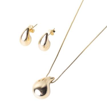 Imagem de Conjunto Feminino Semijoia Folheada Ouro a 18k com Corrente Pingente e Brinco Bold Gota Água Vírgula