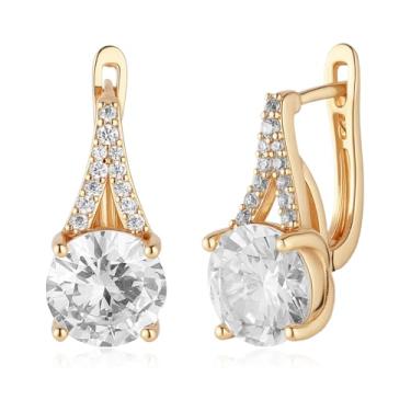 Imagem de HZMAN Brincos de cristal grandes para mulheres, banhado a ouro rosa, floco de neve, coração, lágrima, quadrado, oval, diamante, Latão, Zircônia cúbica