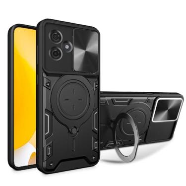 Imagem de Capa para Motorola Moto G55 5G com janela deslizante para câmera, suporte, material TC+TPC, capa de telefone de camada dupla antiarranhões à prova de choque, preta