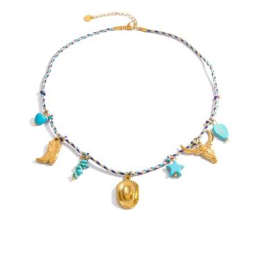 Imagem de Boho Western Cowboy Gargantilha feminina de aço inoxidável pendurado chapéu de vaqueira bota touro turquesa coração estrela colar corda trançada Country concerto acessório joia corrente ajustável 45,7