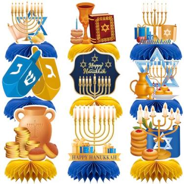 Imagem de 9 peças de centro de mesa de Hanukkah – Menorá, Dreidel, estrela de Davi, Gelt e festival de luzes decorações de mesa para festas judaicas, jantares em família e celebrações em sala de aula