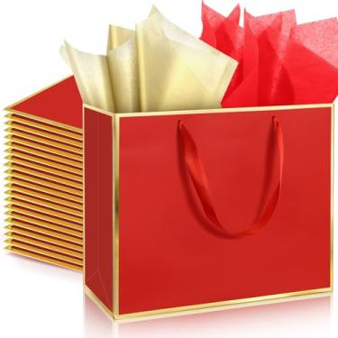Imagem de ReliThick Pacote com 24 sacos de presente de papel metálico com alças e papel de seda, 20 x 25 x 10 cm, bolsa de agradecimento para madrinha de casamento, padrinhos, presentes de aniversário de 5