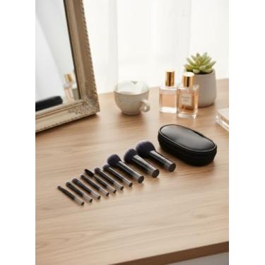 Imagem de Conjunto completo de 10 pincéis de maquiagem com bolsa de viagem preta - base corretivo para sombra, pincéis em pó