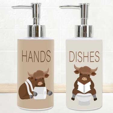 Imagem de JarThenaAMCS Dispensador de vidro de vaca Highland com bomba recarregável de sabonete líquido de vaca para cozinha, banheiro, decoração de bancada