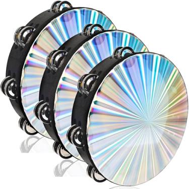 Imagem de Pacote com 3 pandeiros radiantes de 25,4 cm com duas fileiras de sinos, percussão de tambor refletivo de mão, para adultos e festas de casamento na igreja