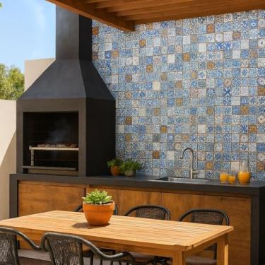 Imagem de Papel de Parede Adesivo Azulejo Português 5 metros = 1 Rolo de 5m X 45cm Autocolante Cozinha Banheiro