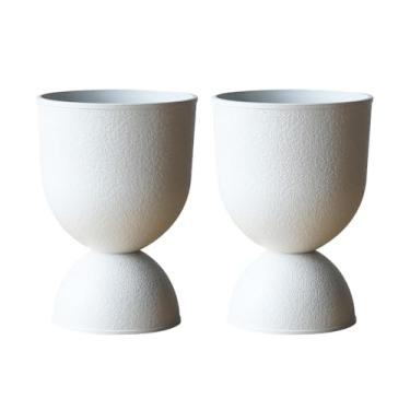 Imagem de Lookat Vaso de ampulheta moderno, recipiente de plástico decorativo para plantas, aparência de metal texturizado, vaso de jardim doméstico contemporâneo (branco, CUP001)