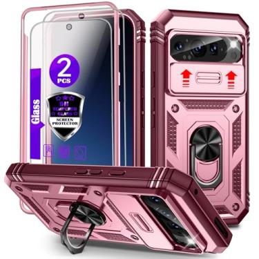 Imagem de Capa para Pixel 9/9 Pro com controle deslizante para câmera, 2 protetores de tela de vidro temperado, suporte de anel giratório de 360°, capa protetora de grau militar para Google Pixel 9/9 Pro 6,3