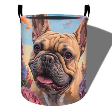 Imagem de amepay Cesto de roupa suja fofo de buldogue, pano Oxford dobrável com design floral, cesto de roupas sujas à prova d'água com alças, organizador de brinquedos para banheiro, quarto, dormitório, 50 x