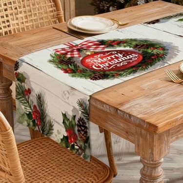 Imagem de Caminho de mesa de Natal 33 x 91 cm - Decoração de mesa de jantar de cozinha de inverno para decoração de casa, grinalda de feliz Natal impressa com bola vermelha, laço xadrez, pinhas e frutas