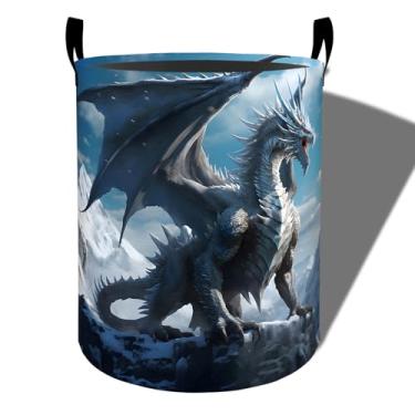 Imagem de amepay Cesta de roupa suja de dragão de gelo, pano Oxford dobrável com estampa de montanha nevada, cesto impermeável com alças, balde de armazenamento de roupas, organizador de brinquedos para