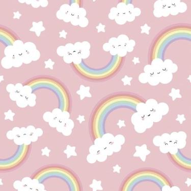 Imagem de Papel De Parede Adesivo Nuvens Fofinhas Arco-iris Rosa Quarto Infantil