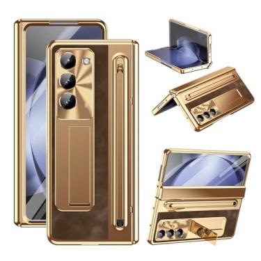 Imagem de Capa protetora com dobradiça e película de vidro e couro sintético para Samsung Galaxy Z Fold 7 6 5 4 3 Fold6 Fold5 (para Samsung Galaxy Z Fold6/dourado marrom)