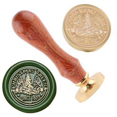 Imagem de Selo de cera de Natal Carimbo de selagem de árvore de Natal latão e uma alça de madeira carimbos cabeça para cartões de natal convites de festa carta envelope cartões de felicitações presentes