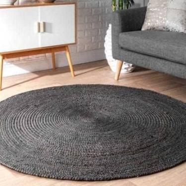 Imagem de DecorAvenue Area Rugs Tapete indiano feito à mão natural trançado de juta para sala de estar e quarto (preto, formato redondo de 60 cm x 60 cm)