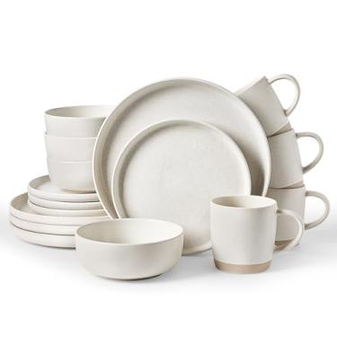 Imagem de Famiware Conjuntos de louça de grés Milkyway com canecas, serviço para 4 (16 peças), conjuntos de pratos e tigelas de esmalte reativo, conjunto de pratos para micro-ondas e lava-louças, bege fosco