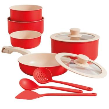 Imagem de Jogo de Panelas Antiaderente Cerâmica 11 Peças com Cabo Removível – Design Empilhável, Tampas de Vidro, Revestimento Premium, Compatível com Fogão a Gás, Elétrico e Indução (VERMELHA)